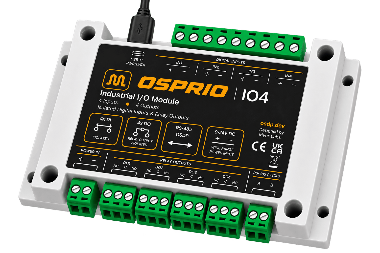 Osprio IO4 industrial I/O module with green screw terminals for four voltage inputs, four relay outputs, RS-485 and power
