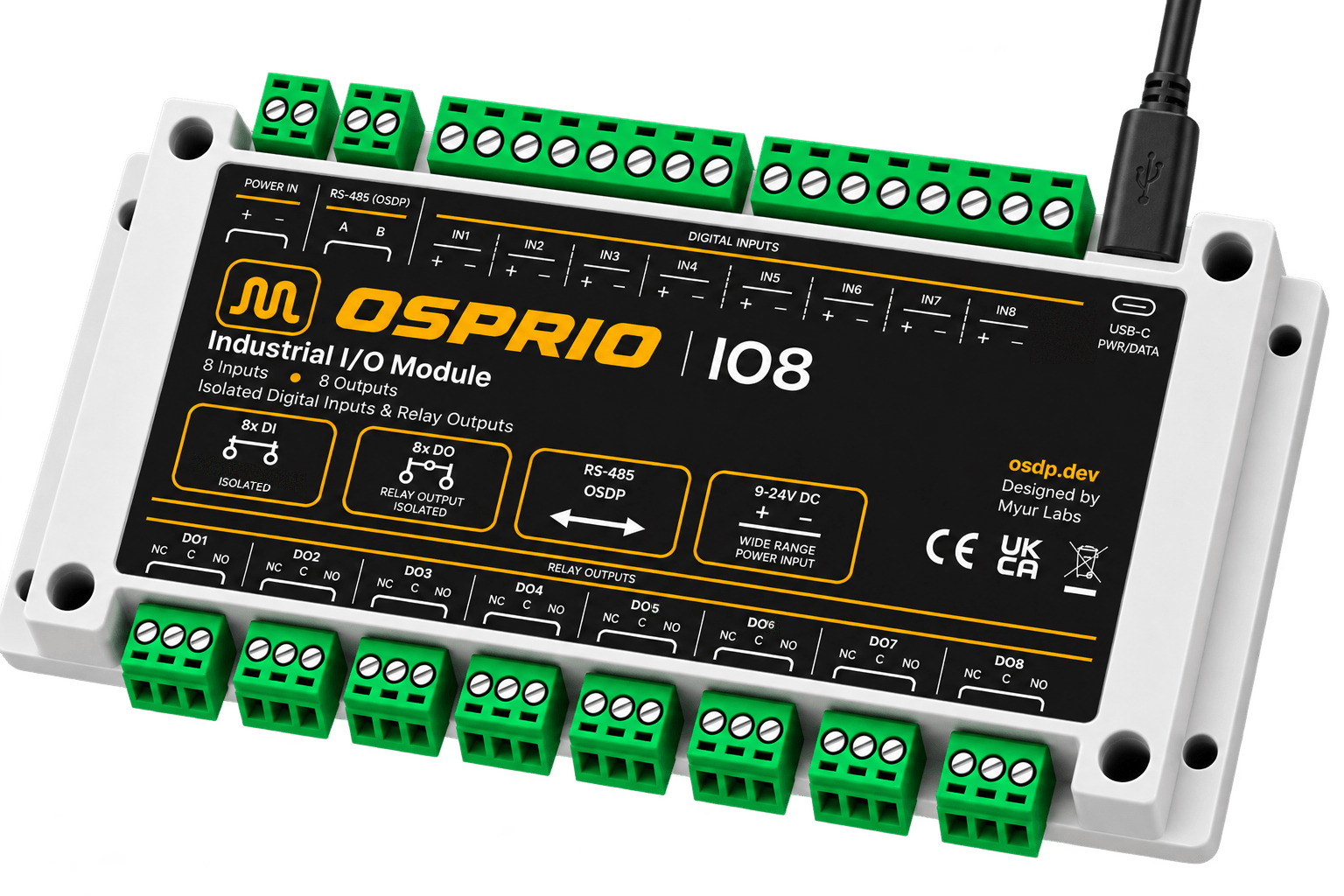 Osprio IO8 industrial I/O module, a longer board with green screw terminals for eight voltage inputs, eight relay outputs, RS-485 and power