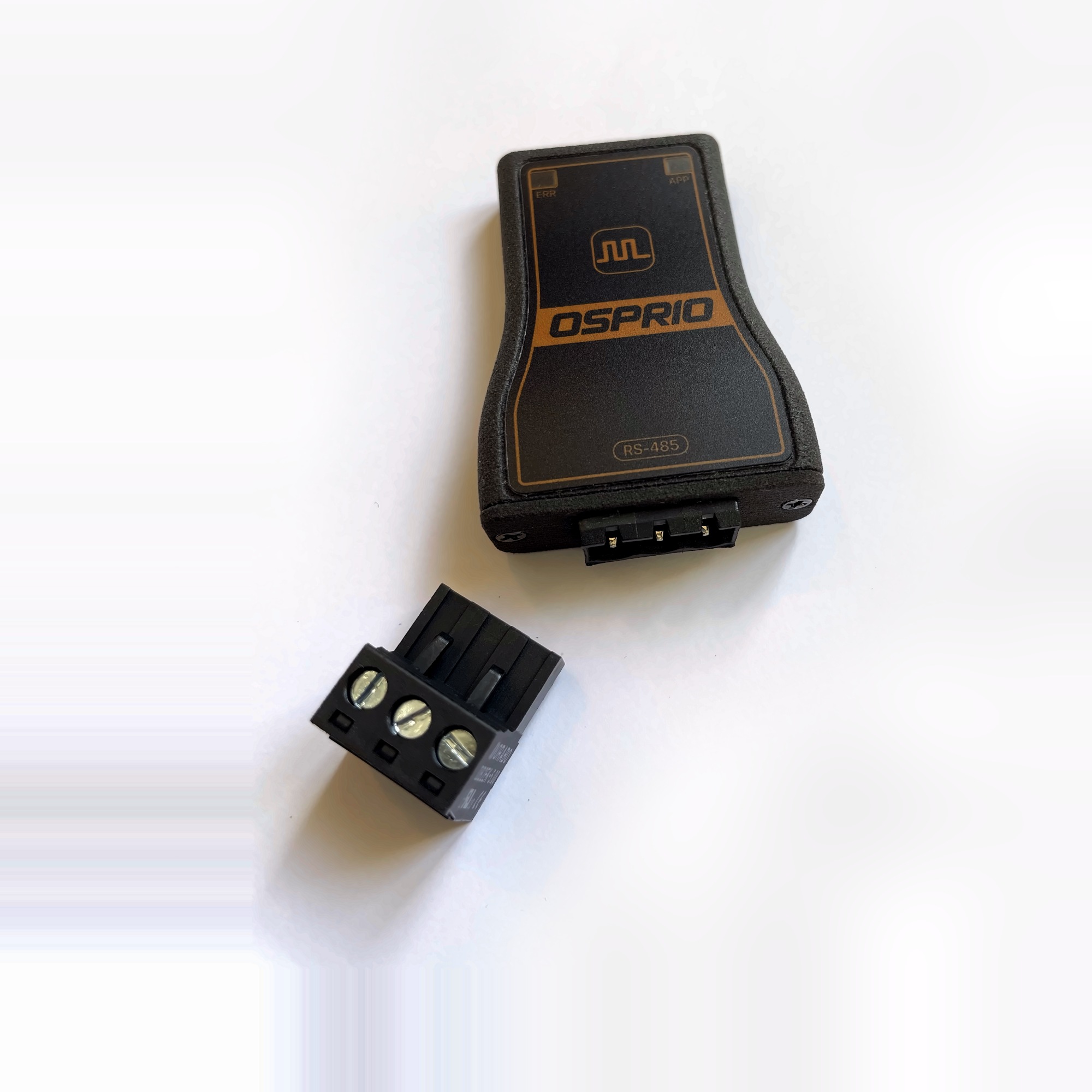 Osprio Mini with the pluggable screw terminal unplugged and set beside it