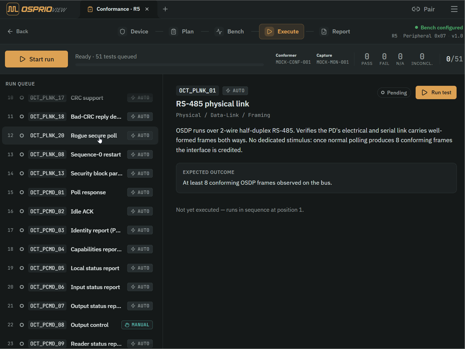 Executing conformance tests individually or as a full suite