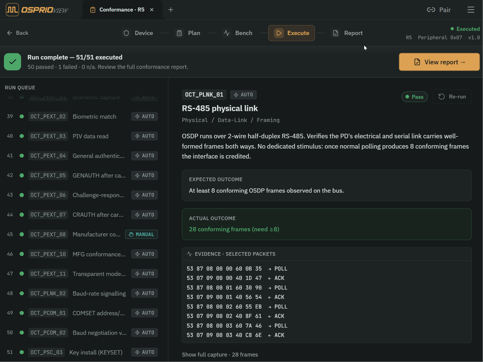 Conformance report with per-command results and captured bus evidence