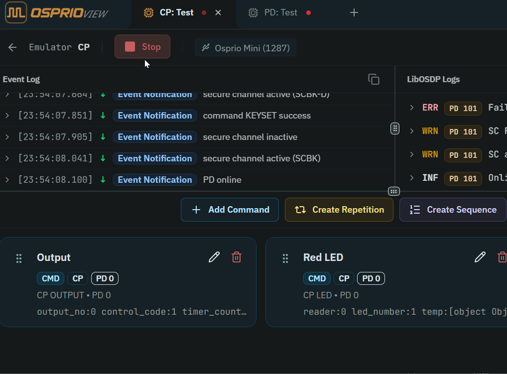 Sending OSDP commands and events in Emulator Workspace
