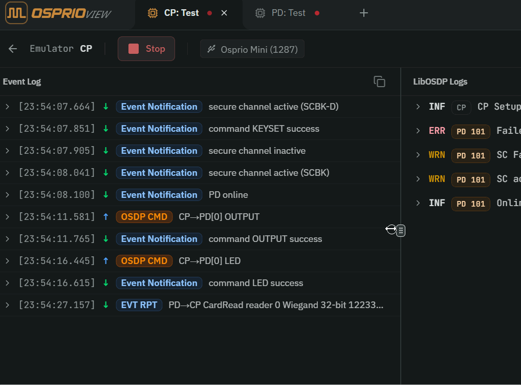 Event log and LibOSDP logs in Emulator Workspace