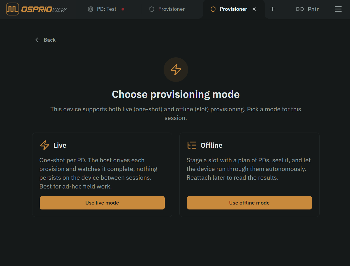 Live quick-step and offline batch modes in Provisioner Workspace